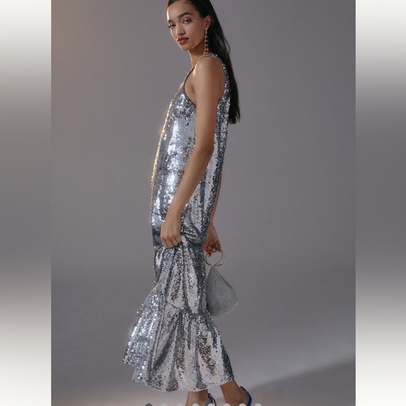 Maeve one shoulder silver sequin midi dress anthropologie sz large new nwt ✨ - Picture 3 of 14